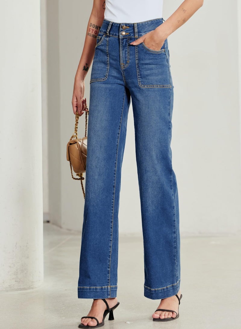 Sidefeel Women's Jeans Straight Leg Stretchy Tummy Control Wide Leg Baggy Pocket Denim Pants Dark Blue Size 10 - Image 3