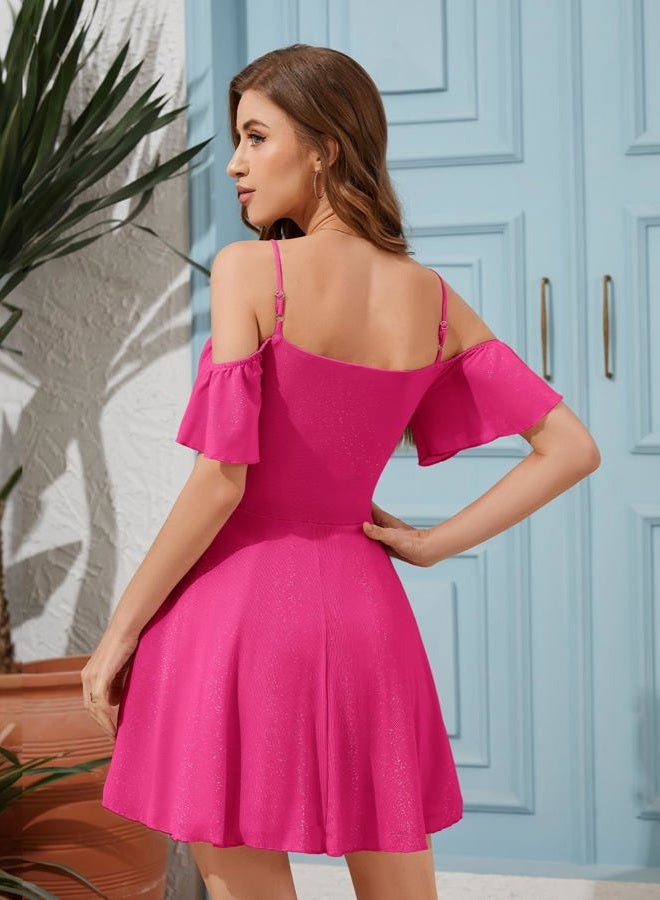 Meetjen Women's Short Homecoming Dresses for Teens Formal Party Off Shoulder Tulle Sparkly Cocktail Prom Dress 2025, A-hot Pink, M - Image 2