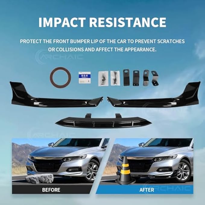 Archaic Front Bumper Lip Compatible with 2018-2020 Honda Accord, JDM Style 3Pcs Air Dam Spoiler Splitter Fit for SE/EX-L/LX/Touring, Splitter Under Chin Body Kit Lower Spoiler. - Image 3