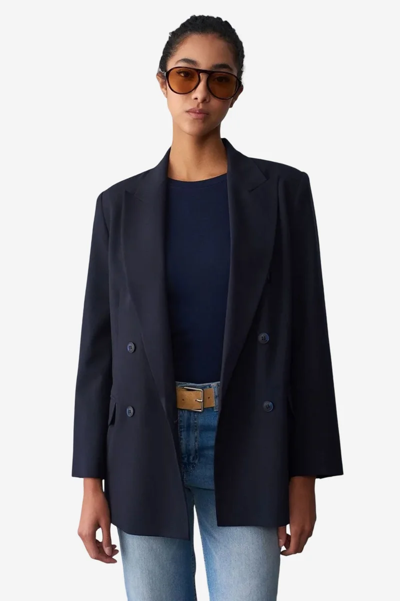 Dilvin Navy Blue DILVIN Oversized Long Crepe Blazer Jacket for Women | Best Price UAE