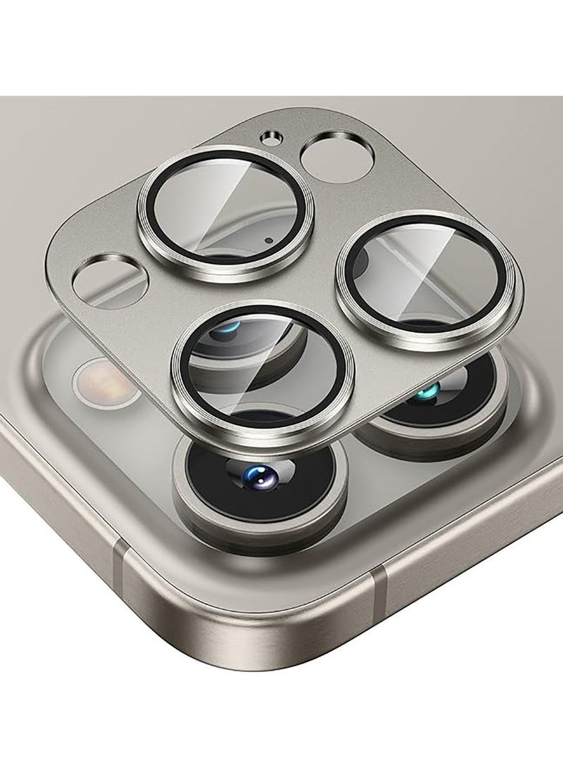 غطاء زجاجي مقوى لحماية عدسة الكاميرا لهاتف iPhone 15 Pro / iPhone 15 Pro Max مع حلقة معدنية واقية - تيتانيوم - Image 1