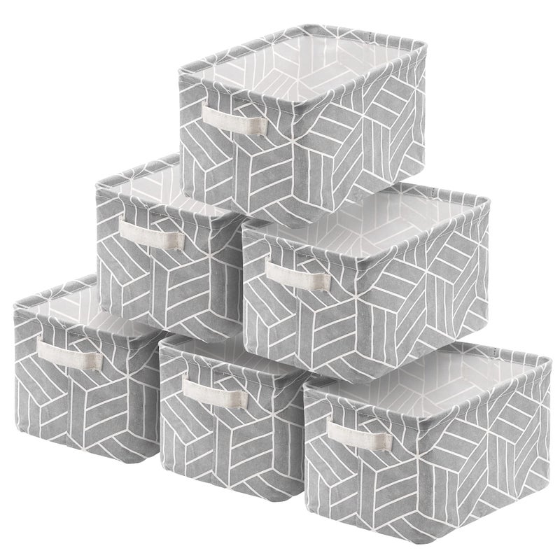 Crowned 6 Pcs Storage Basket Foldable Cube Fabric Bins Square Mini Box Receive Organizer Rectangle Canvas with Handles for Home Office Books Small 11x8x63 inch Grey