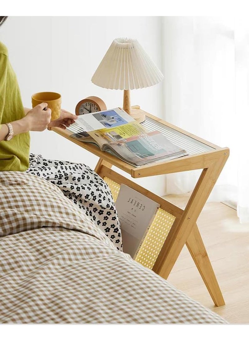 LINGWEI - Rattan Side Table Boho NightStand Mid Century Modern End Table Glass Bedside Table Bamboo Small Coffee Table with Storage For Living Room Bedroom - Image 1