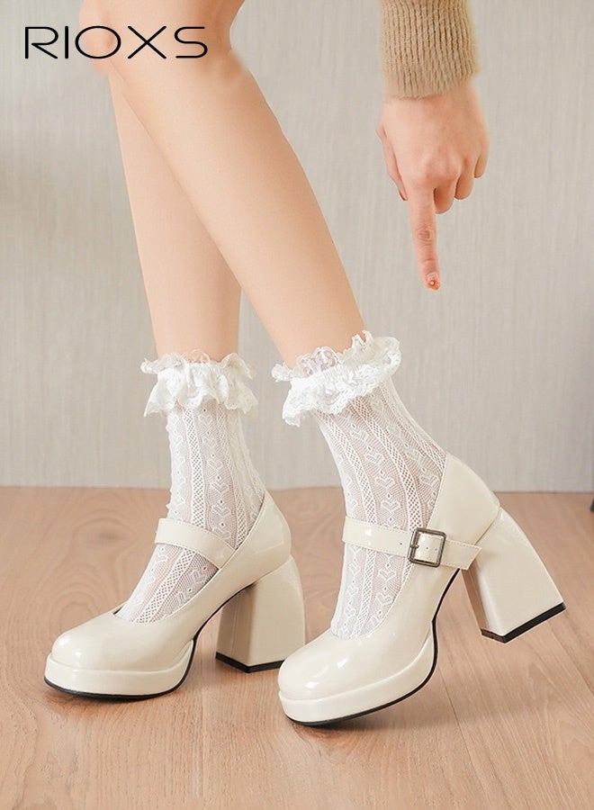 RIOXS Women's High Heeled Shoes, Retro Square Toe Platform Chunky Heels, Lady's Block Heel Mary Janes Shoes, Trendy Strappy Dress Shoes for Women, 8cm Heels Pumps Shoes for Wedding/ Party/ Work/ Daily Wear, Womens Dressy High Heel Shoes, White Ladies Heels - Image 1