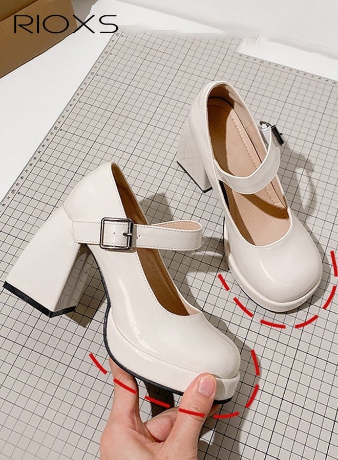 RIOXS Women's High Heeled Shoes, Retro Square Toe Platform Chunky Heels, Lady's Block Heel Mary Janes Shoes, Trendy Strappy Dress Shoes for Women, 8cm Heels Pumps Shoes for Wedding/ Party/ Work/ Daily Wear, Womens Dressy High Heel Shoes, White Ladies Heels - Image 5