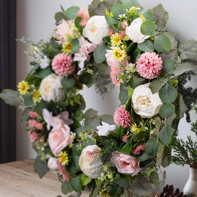 WANNACUL 24 INCH LARGE SPRING PEONY WREATHS FOR FRONT DOORSPRING FRONT DOOR WREATH WITH PINK ROSE FLORAL AND RUSTIC GRAPEVINE LEAVES FOR WALL