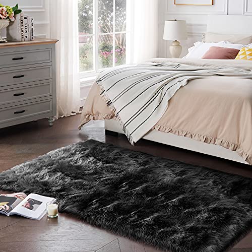 SERISSA Soft Fluffy Area Rug, Coal Black Faux Sheepskin Fur Rug, Shaggy Rug for Bedroom Floor Fuzzy Carpet for Living Room 4x6 Feet - Image 2