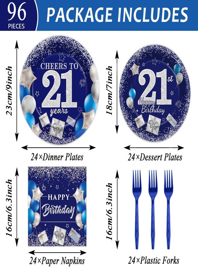 gisgfim 96 Pcs 21st Birthday Plates and Napkins Party Supplies Cheers to 21 Years Tableware Set Blue Silver 21st Birthday Dinnerware Party Decorations Favors for 21 Years Old Boys Girls for 24 Guests - Image 2