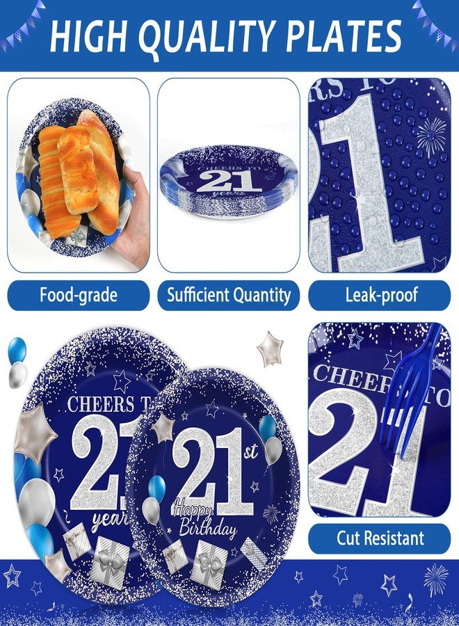 gisgfim 96 Pcs 21st Birthday Plates and Napkins Party Supplies Cheers to 21 Years Tableware Set Blue Silver 21st Birthday Dinnerware Party Decorations Favors for 21 Years Old Boys Girls for 24 Guests - Image 3