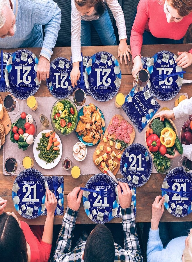 gisgfim 96 Pcs 21st Birthday Plates and Napkins Party Supplies Cheers to 21 Years Tableware Set Blue Silver 21st Birthday Dinnerware Party Decorations Favors for 21 Years Old Boys Girls for 24 Guests - Image 5