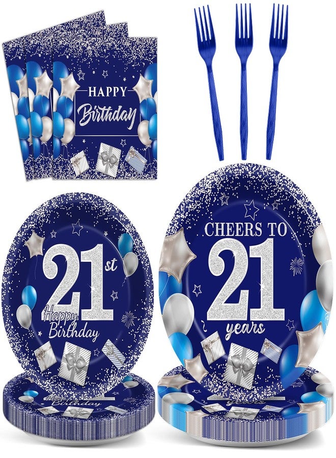 gisgfim 96 Pcs 21st Birthday Plates and Napkins Party Supplies Cheers to 21 Years Tableware Set Blue Silver 21st Birthday Dinnerware Party Decorations Favors for 21 Years Old Boys Girls for 24 Guests - Image 1