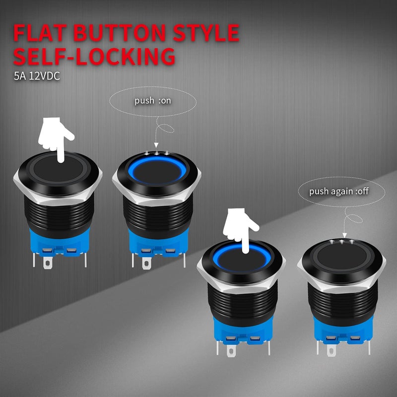 DaierTek Latching Push Button Switch 12V Waterproof Blue LED 22mm Metal Push Button Switch - 2pcs - Image 4