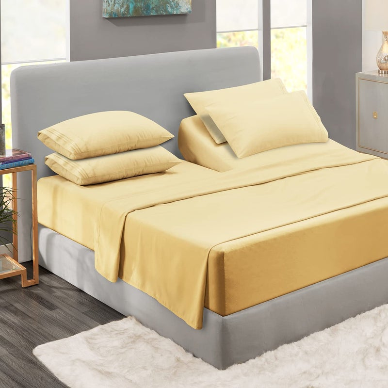Clara Clark Clara Clark Flex Top King Sheets 6 Piece Set  Hotel Luxury Sheets for Top Split King Bed Super Soft Bedding Set Head Split King Mellow Yellow 