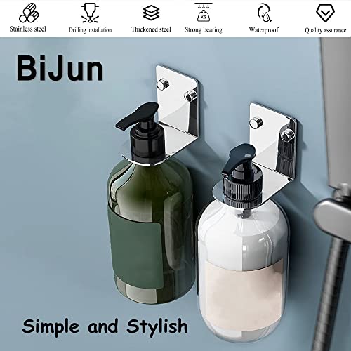 BiJun Soap Bottle Dispenser Holder Wall Mounted, Hand Pump Bottles Dispenser Stand Hanging Rack Shampoo Standing Shelf Storage Holder Bracket for Bathroom Kitchen (Silver 2 Pack) - Image 3
