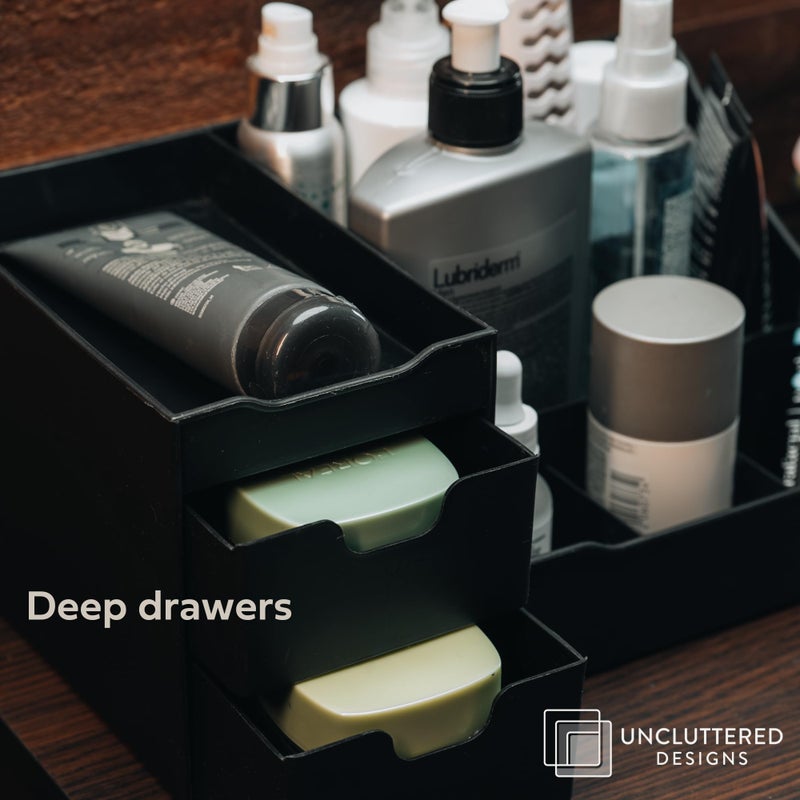 Uncluttered Designs تصميمات غير مفوضى منظم الغرور الأسود الكبير - منظم للرجال على سطح الطاولة مع أدراج لوشن حلاقة اللحية ومزيل العرق والكولونيا والعطور والعناية بالبشرة - مثالي لتخزين الحمام وغرفة النوم - Image 4