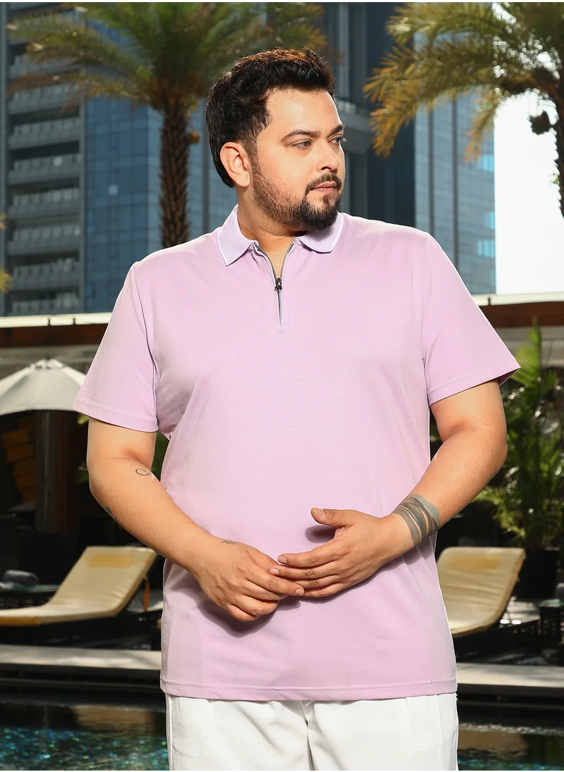 انستافاب بلس Instafab Plus Men's Lilac Solid Polo T-Shirt For Casual Wear | Polo Neck | Short Regular Sleeves | Half-Zip Closure | Plus Size T-Shirt Crafted With Comfort Fit For Everyday Wear