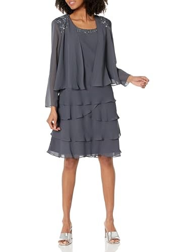 S.L. Fashions فستان س.ل. فاشنز النسائي العادي للأم العروس مع سترة متعددة الطبقات وزخرفة على الكتف، ستيل، 8 - Image 5