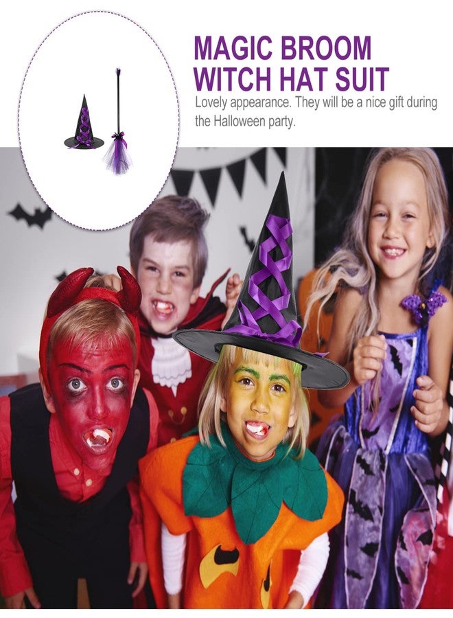 TOYANDONA Halloween Witch Broom Hat Set, Halloween Witch Hat with Flying Broomstick for (Purple) - Image 3
