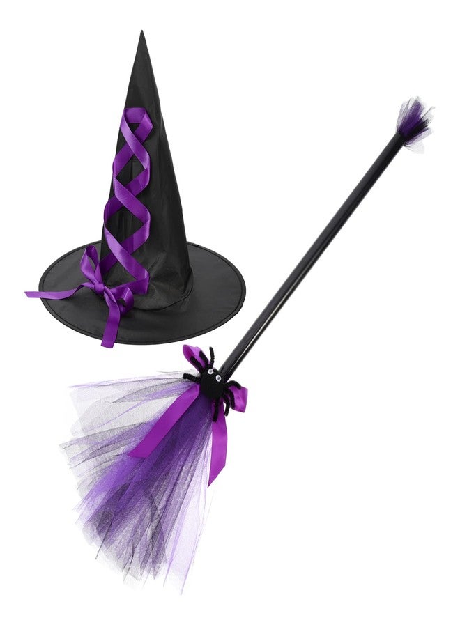 TOYANDONA Halloween Witch Broom Hat Set, Halloween Witch Hat with Flying Broomstick for (Purple) - Image 1