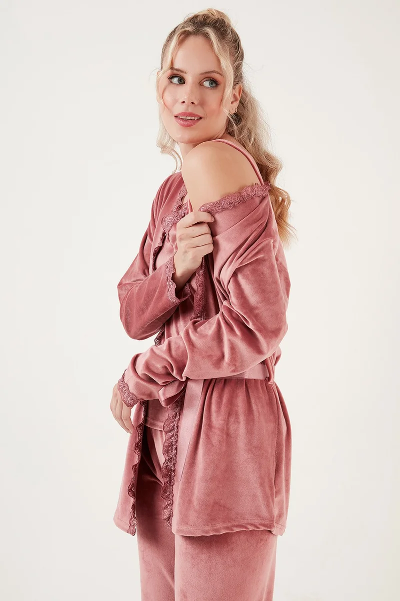 Lela Regular Fit Lace Soft Textured Velvet Pajama Set with Dressing Gown Women's Pajama Set 6095545