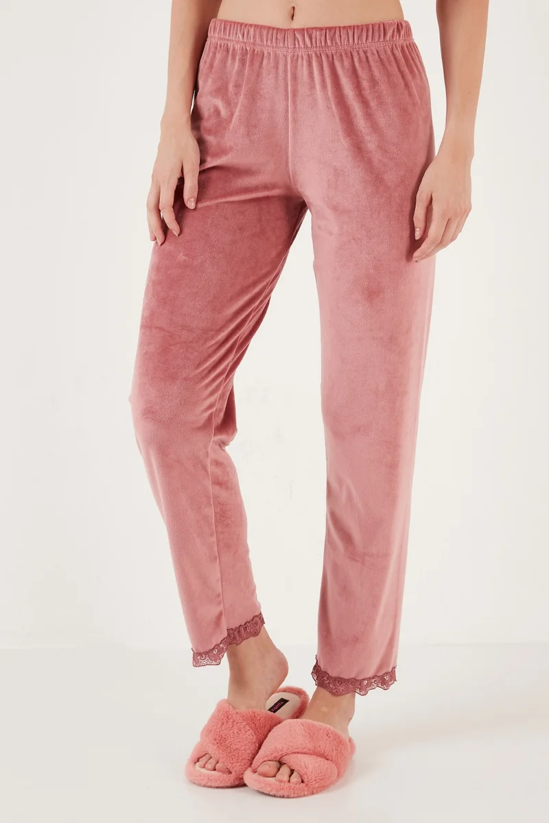 Lela Regular Fit Lace Soft Textured Velvet Pajama Set with Dressing Gown Women's Pajama Set 6095545