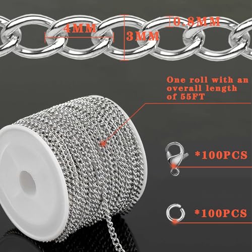 YZDTECH 55ft Silver Stainless Steel Curb Chain for Jewelry Making, Twist Link Chain for Bracelet,Jewelry Chain with 100 Pcs Jump Rings and Lobster Clasps for DIY Necklace Hanging,Dog Tag,Keychain(4x3x0.8mm) - Image 5