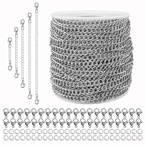 YZDTECH 55ft Silver Stainless Steel Curb Chain for Jewelry Making, Twist Link Chain for Bracelet,Jewelry Chain with 100 Pcs Jump Rings and Lobster Clasps for DIY Necklace Hanging,Dog Tag,Keychain(4x3x0.8mm) - Image 1