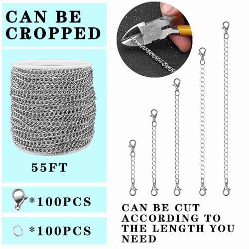 YZDTECH 55ft Silver Stainless Steel Curb Chain for Jewelry Making, Twist Link Chain for Bracelet,Jewelry Chain with 100 Pcs Jump Rings and Lobster Clasps for DIY Necklace Hanging,Dog Tag,Keychain(4x3x0.8mm) - Image 2