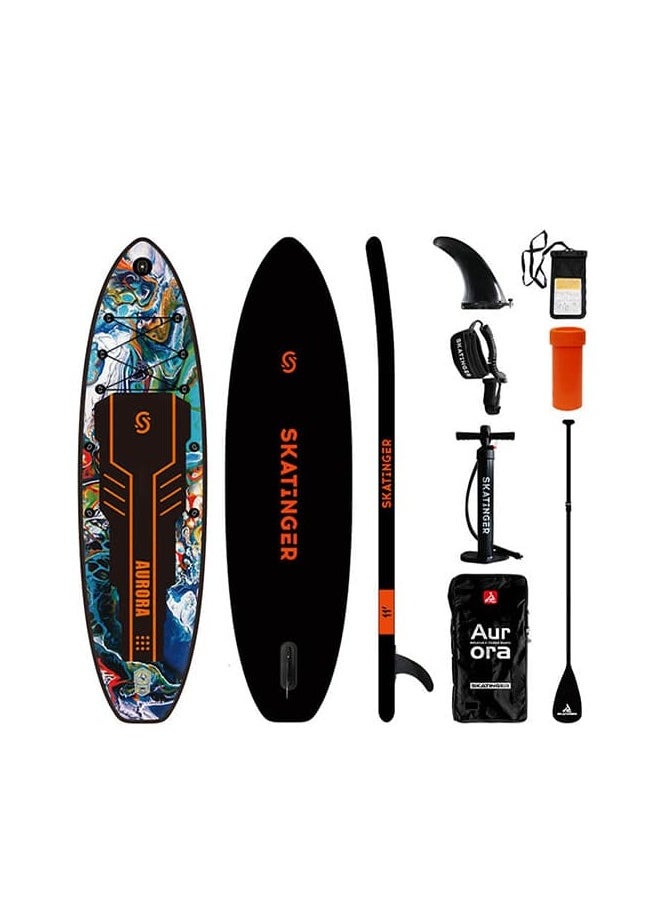 Skatinger Skatinger 11'-33"-6" Double Layer SUP Soft Standup Board Power Fin Paddle Board with Pump and Fins for Yoga, Fishing, Drifting, and Floating - Aurora  - Image 1
