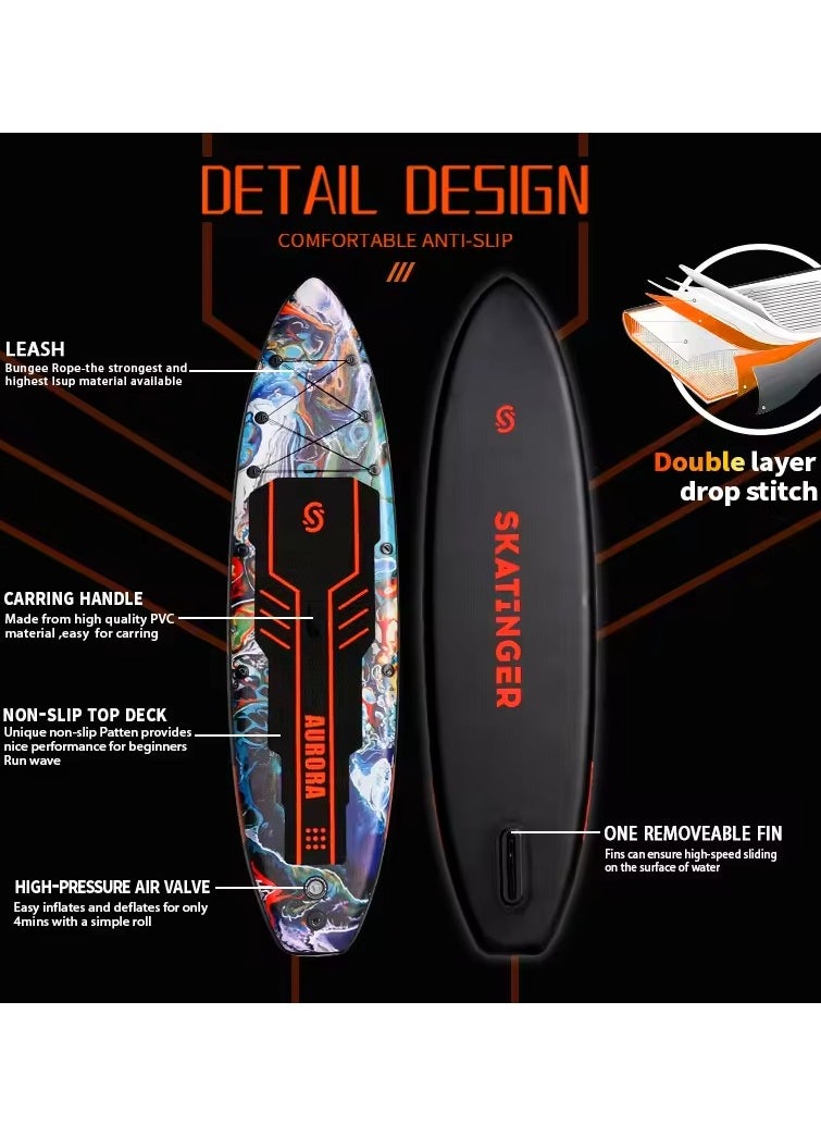 Skatinger Skatinger 11'-33"-6" Double Layer SUP Soft Standup Board Power Fin Paddle Board with Pump and Fins for Yoga, Fishing, Drifting, and Floating - Aurora  - Image 2