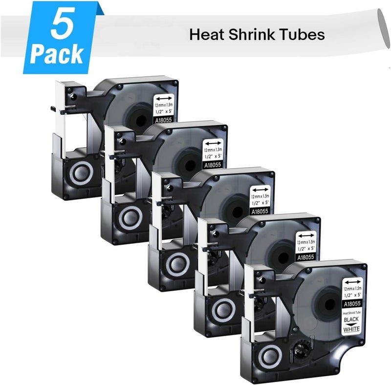 5PK 6/9/12/18/24mm Ribbon，Compatible for DYMO Rhino Heat Shrink Tube 18052 18055 18056，Compatibility for Dymo 4200 6000 5200 Label Printer(5Pcs Black on White,12mm) - Image 2