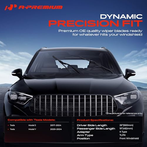 A-Premium Pack of 2 Front Windshield Wiper Blades with Wear Indicator & Towel - Compatible with Tesla Model 3 2017-2024, Model Y 2020-2024 - 26" and 19", TLPN Connector, Left and Right - Image 2