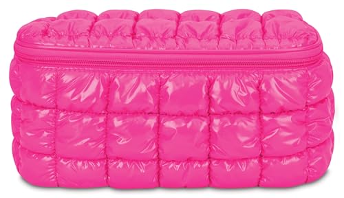 iscream Zippered Fully Lined 105 x 475 Train Case Style Puffy Quilted Cosmetic Travel Bag Hot Pink - Image 3