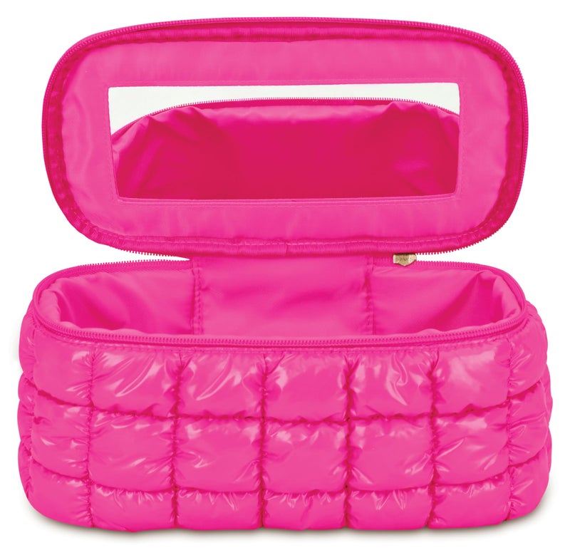 iscream Zippered Fully Lined 105 x 475 Train Case Style Puffy Quilted Cosmetic Travel Bag Hot Pink - Image 2