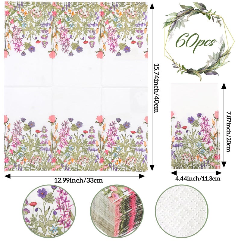 Adecortalk 60 Pack Floral Guest Napkins Disposable Napkins Decorative 3 Ply Napkins Paper Hand Towels for Bathroom Home Dinner Wedding Baby Shower Birthday Party Supplies - Image 2