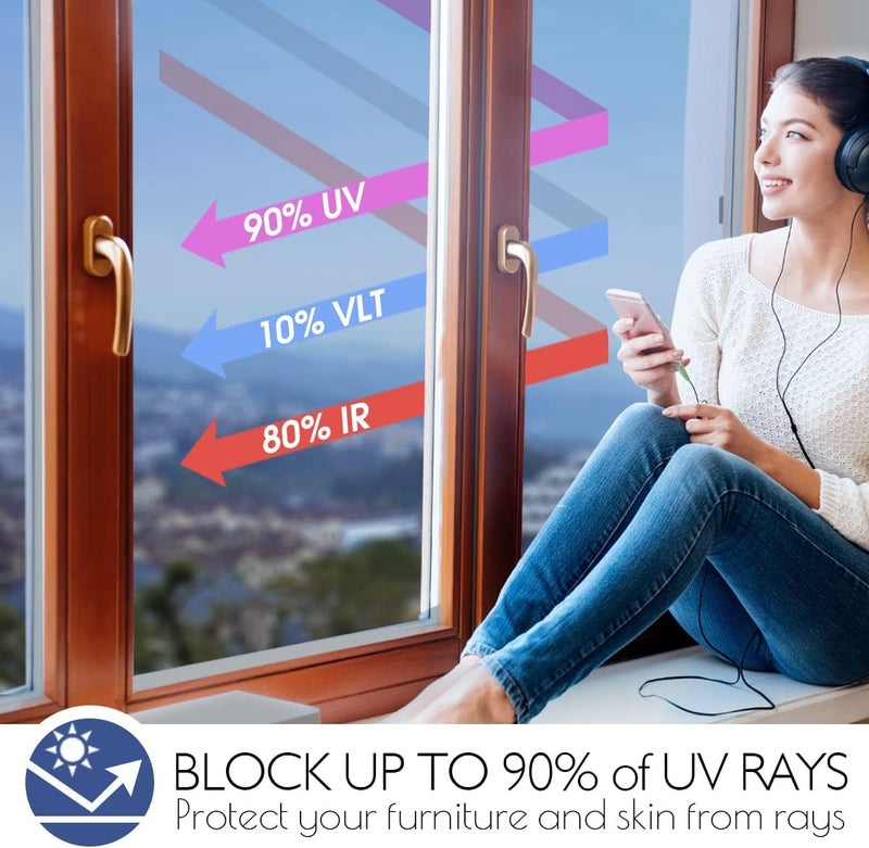 CREON One Way Window Film, Privacy Window, UV Blocking, Non-Adhesive Static Cling Heat Control Reflective Glass Film for Home and Office 20x96 (Inch), Slver-blu - Image 2
