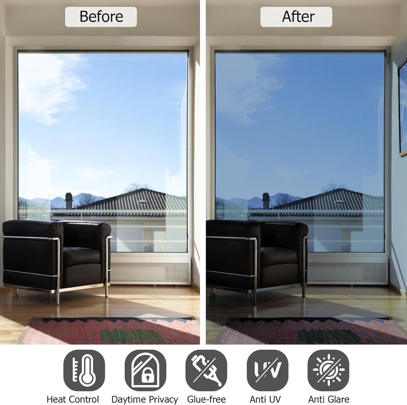 CREON One Way Window Film, Privacy Window, UV Blocking, Non-Adhesive Static Cling Heat Control Reflective Glass Film for Home and Office 20x96 (Inch), Slver-blu - Image 4