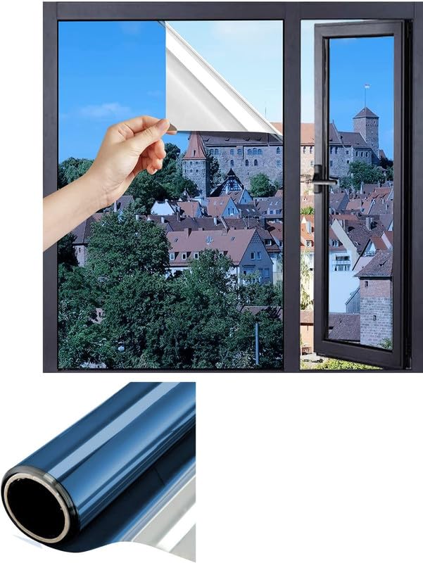 CREON One Way Window Film, Privacy Window, UV Blocking, Non-Adhesive Static Cling Heat Control Reflective Glass Film for Home and Office 20x96 (Inch), Slver-blu - Image 1