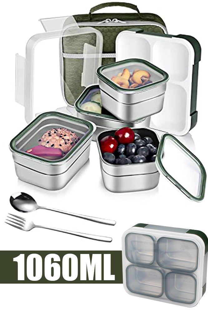TAPIT Lunch Box for School 1060ml Stainless Steel Leak-Proof Lunch Box 5 Grids Food Container Lunch Box Bring Lunch Bag Cutlery Spoon Fork Bento Box for Kids and Adults-Food Safe Materials (Green 1060ml) - Image 1