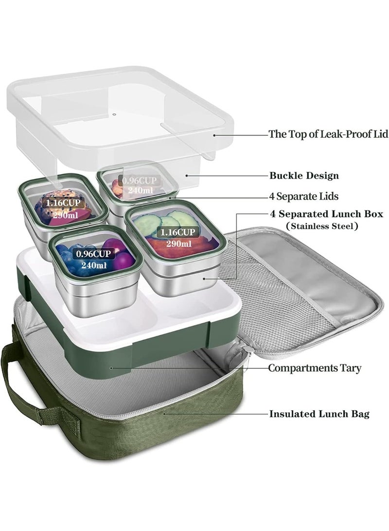 TAPIT Lunch Box for School 1060ml Stainless Steel Leak-Proof Lunch Box 5 Grids Food Container Lunch Box Bring Lunch Bag Cutlery Spoon Fork Bento Box for Kids and Adults-Food Safe Materials (Green 1060ml) - Image 2