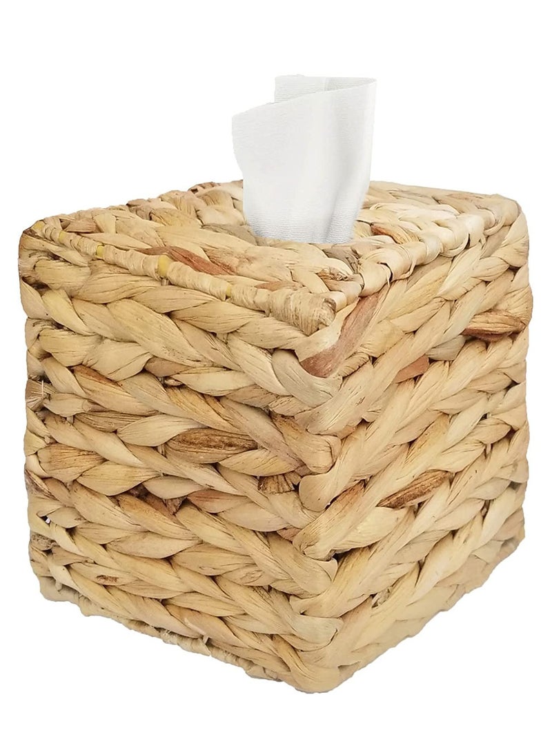 KASTWAVE غطاء مربع لصندوق المناديل المنسوج، حامل صندوق مناديل زينة، غطاء صندوق مناديل على طراز المزرعة، موزع مناديل قش ريفي لتنظيم المطبخ، الحمام والمكتب - Image 1