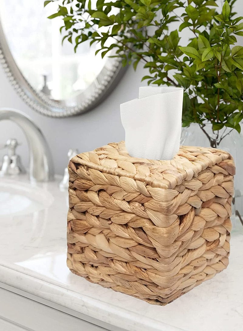 KASTWAVE غطاء مربع لصندوق المناديل المنسوج، حامل صندوق مناديل زينة، غطاء صندوق مناديل على طراز المزرعة، موزع مناديل قش ريفي لتنظيم المطبخ، الحمام والمكتب - Image 2