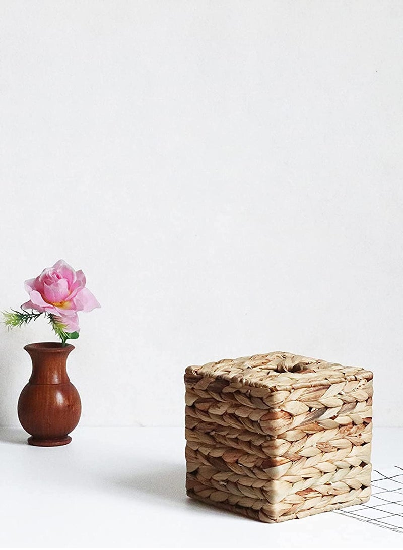 KASTWAVE غطاء مربع لصندوق المناديل المنسوج، حامل صندوق مناديل زينة، غطاء صندوق مناديل على طراز المزرعة، موزع مناديل قش ريفي لتنظيم المطبخ، الحمام والمكتب - Image 3