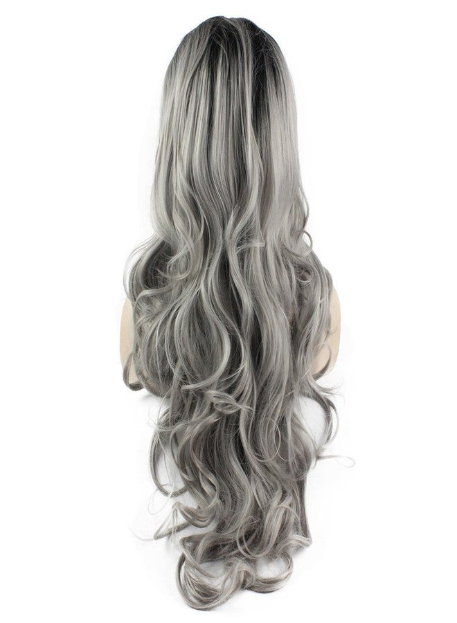 MX angel Mxangel Long Wavy Celebrity Half Hand Tied Synthetic Lace Front Black Gray Ombre Wig Two Tone Natural Grey Wig - Image 4