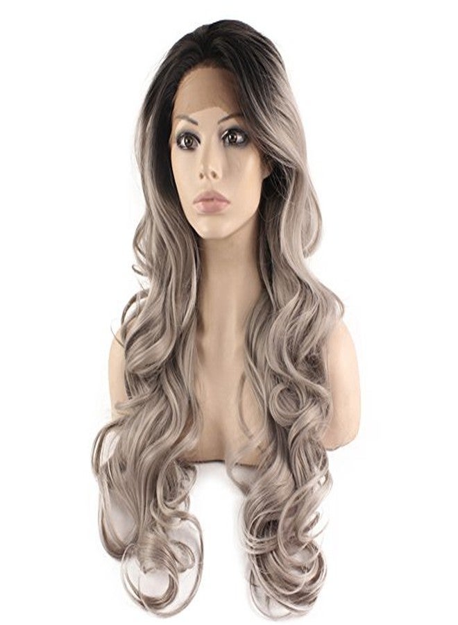 MX angel Mxangel Long Wavy Celebrity Half Hand Tied Synthetic Lace Front Black Gray Ombre Wig Two Tone Natural Grey Wig - Image 3