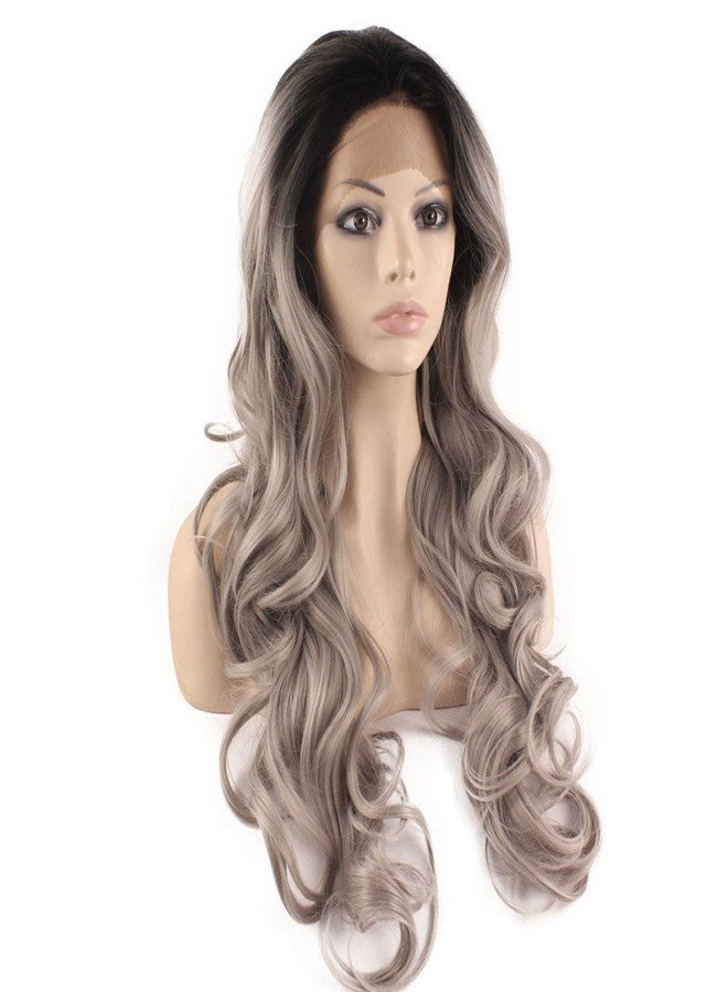 MX angel Mxangel Long Wavy Celebrity Half Hand Tied Synthetic Lace Front Black Gray Ombre Wig Two Tone Natural Grey Wig - Image 2