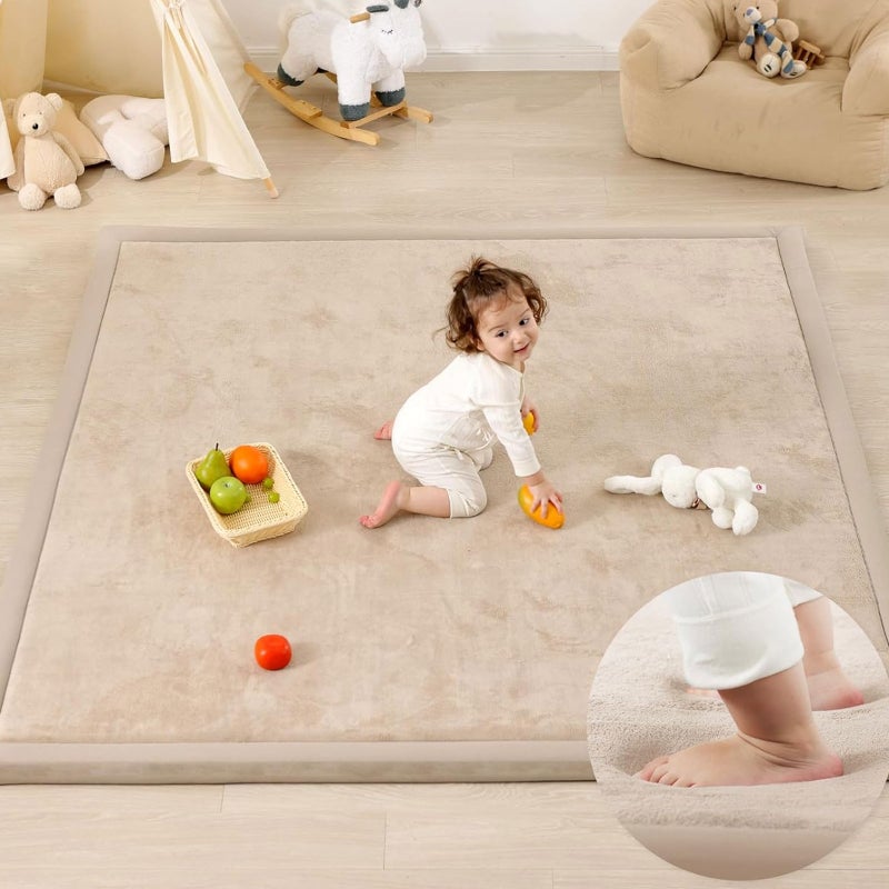 سجادة منزلية للأرضية بسماكة 3 سم من الإسفنج المرن، سجادة مخملية ناعمة للأطفال، سجادة زحف بقاعدة مانعة للانزلاق، يوغا، تاتامي - 180x200 سم، بيج