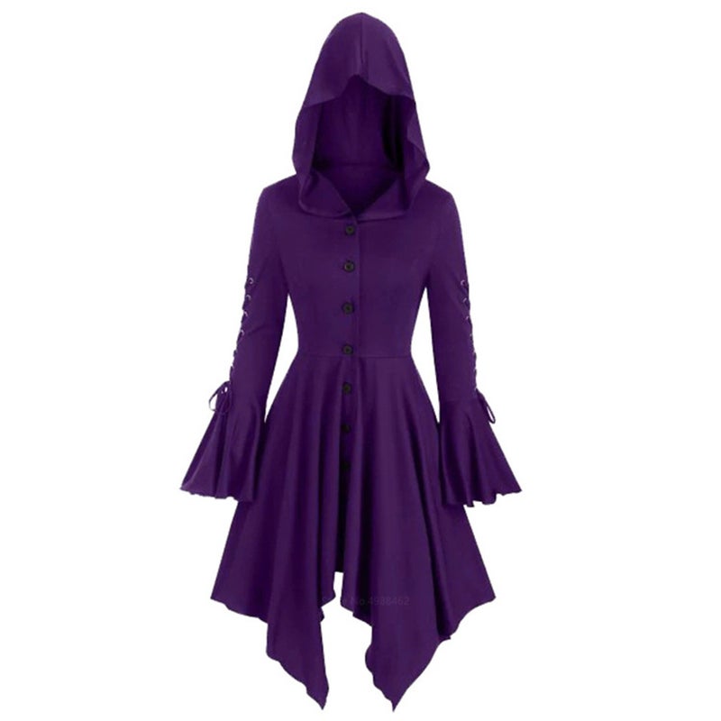 2022 Gothic Hooded Cape Coat with Asymmetric Hem and Lotus Sleeves Green  - Image 3
