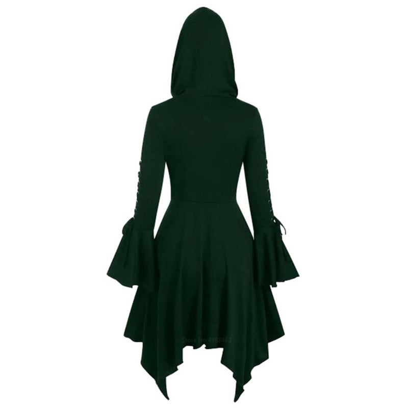 2022 Gothic Hooded Cape Coat with Asymmetric Hem and Lotus Sleeves Green  - Image 1