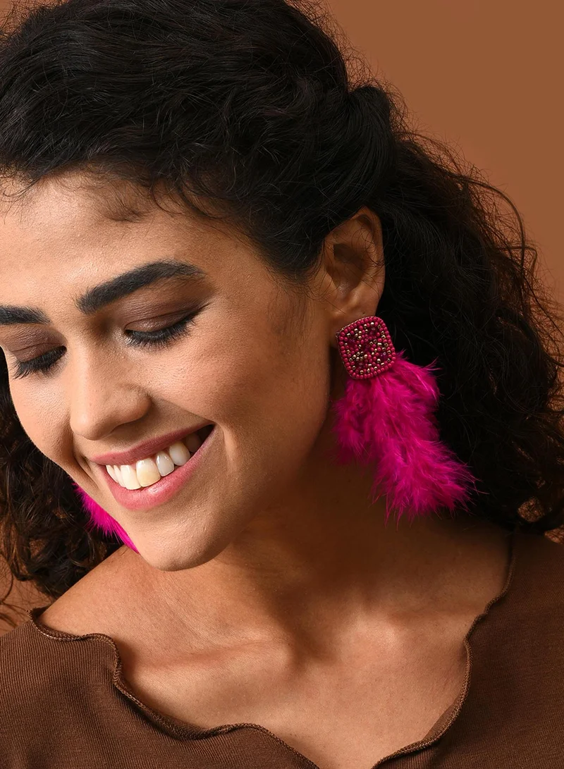 SOHI Pink Feather Shaped Artificial Drop Earring Jewellery